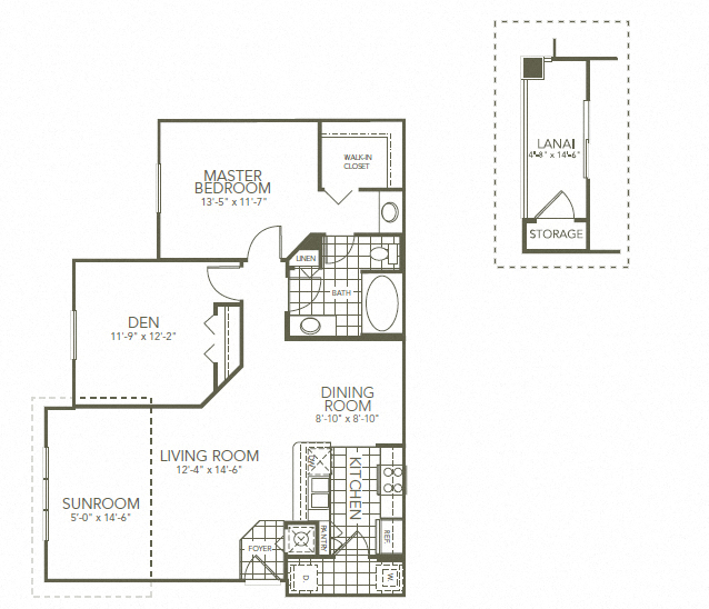Floor plan for 2 beds, 1 bath, 1099 sqft